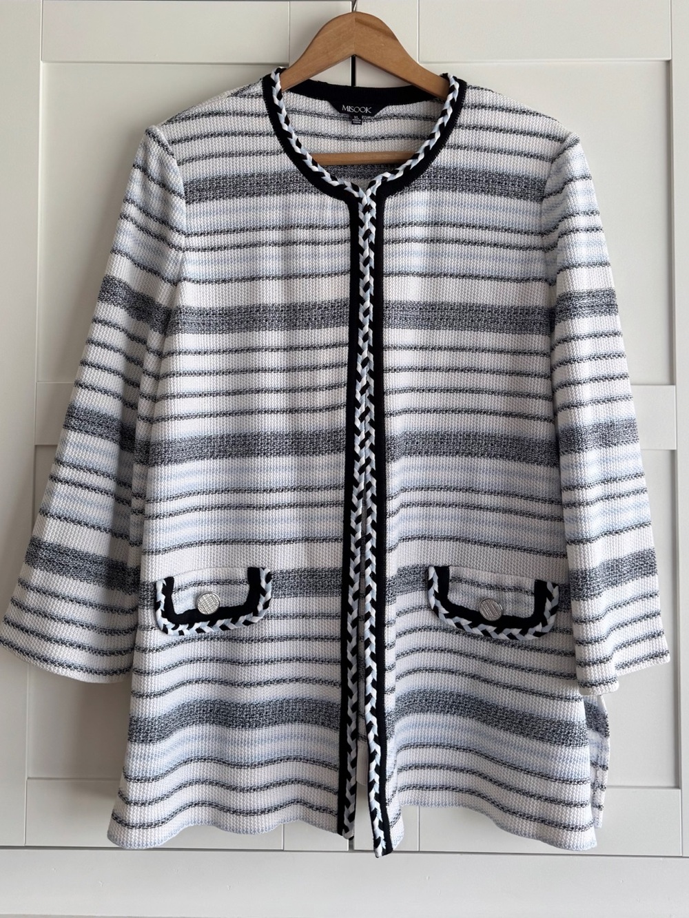 MISOOK Braided Trim Knit Cardigan Sweater Jacket Size XL Blue White Black